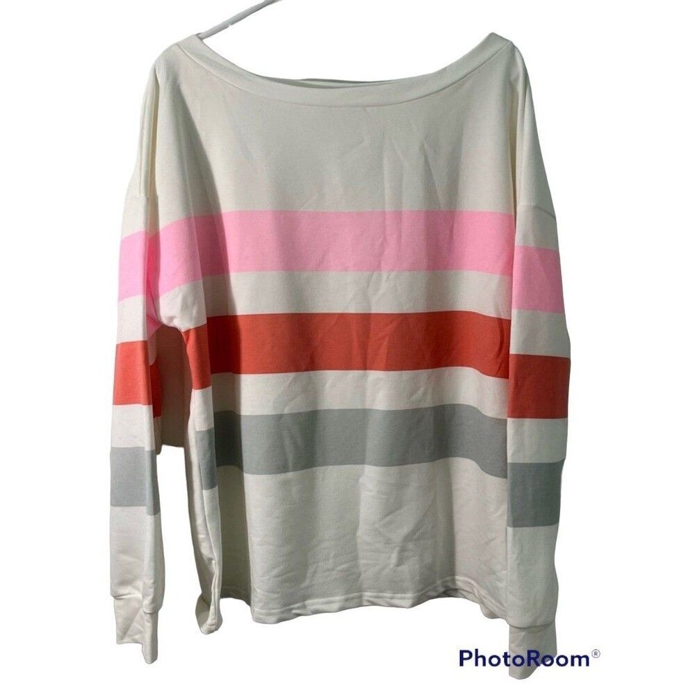 Dew Shoulder Stripe Long Sleeve Sweatshirt Women’s Large White NWOT Lightweight - Picture 2 of 11